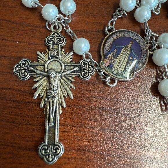 Fatima Rosary Crucifix INRI Jesus Faux Pearl Beads Catholic Christian w/Bag 21" - Picture 3 of 10
